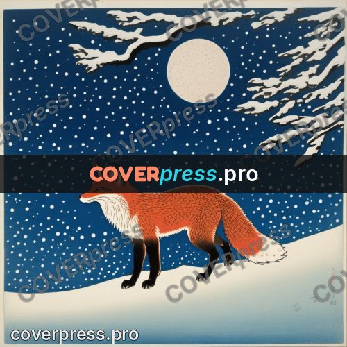 Ukiyo-e drawing: fox on snow under the moon