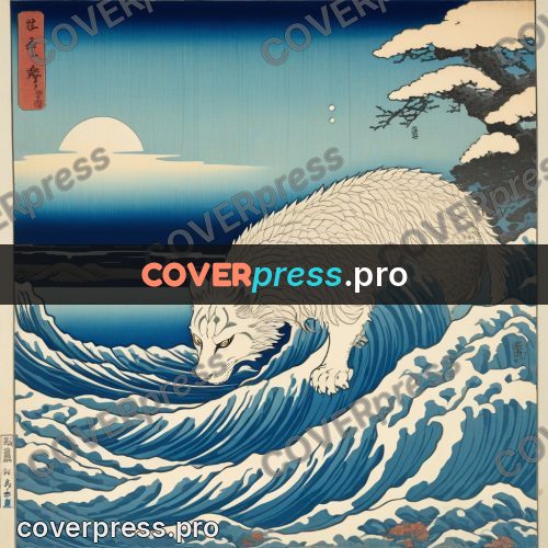 Ukiyo-e drawing: white beast on a wave crest