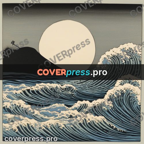 Ukiyo-e drawing: waves under a large moon