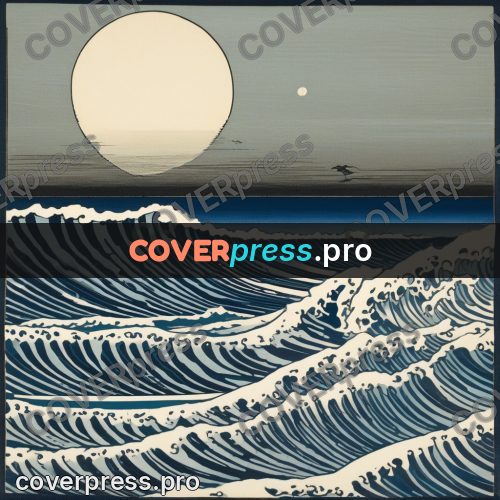 Ukiyo-e drawing: waves under a large moon