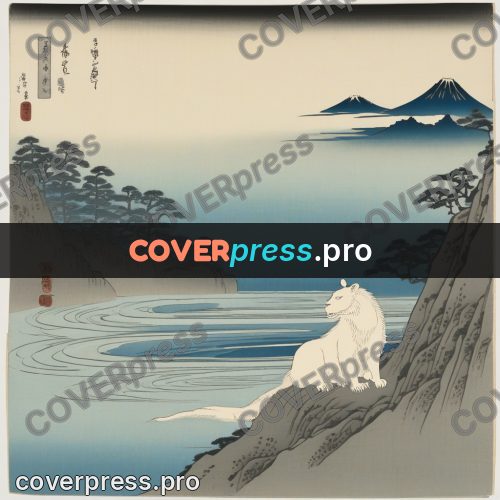 Ukiyo-e drawing: mountain and pines above water