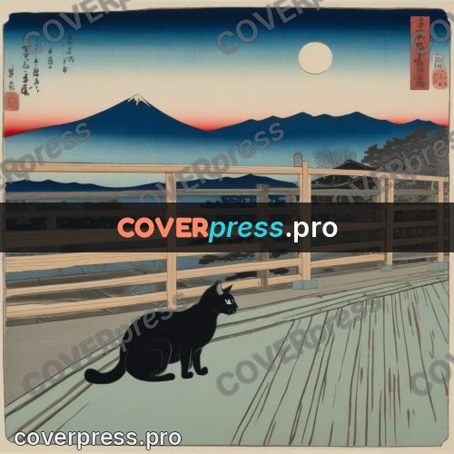 Ukiyo-e drawing: black cat on a veranda