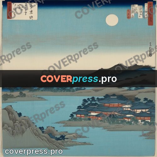 Ukiyo-e drawing: mountain and bay under the moon