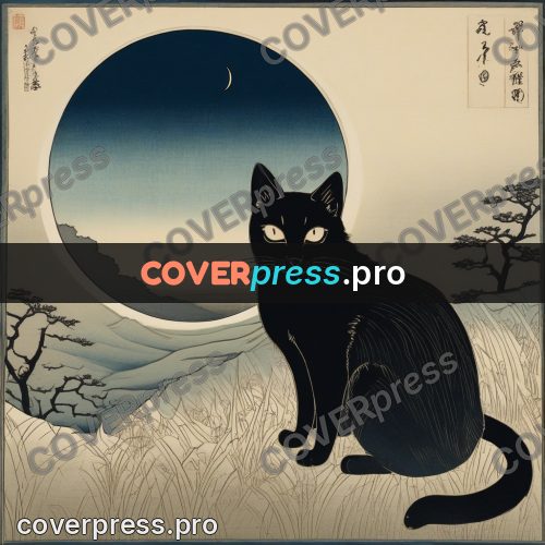 Ukiyo-e drawing: black cat under the moon