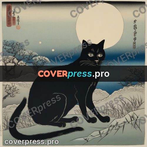 Ukiyo-e drawing: black cat under the moon
