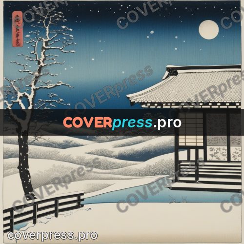 Ukiyo-e drawing: snowy shore at night