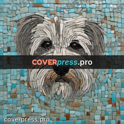 Mosaic mural: muzzle of a shaggy white dog