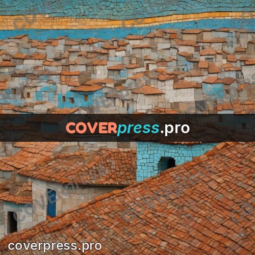 Mosaic mural: tiled roofs of a small town