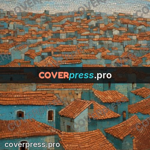 Mosaic mural: tiled roofs of a small town