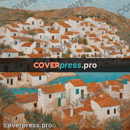 Mosaic mural: seaside village with red roofs