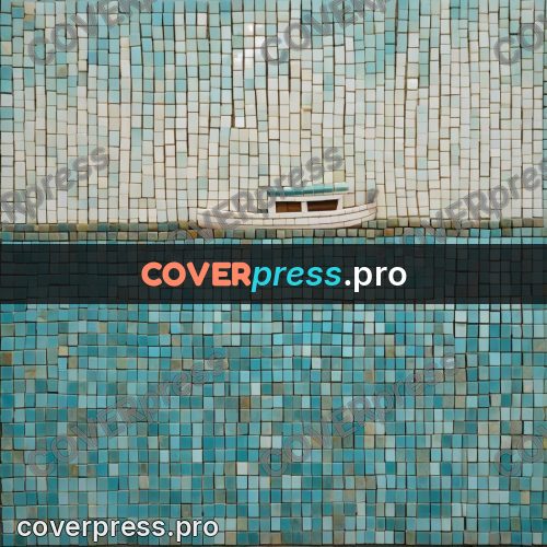 Mosaic mural: white boat on turquoise water