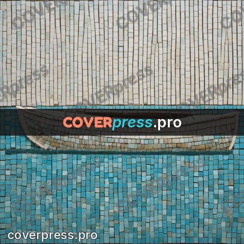Mosaic mural: white boat on turquoise water