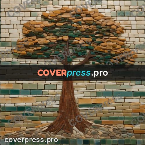 Mosaic mural: tree on a green field