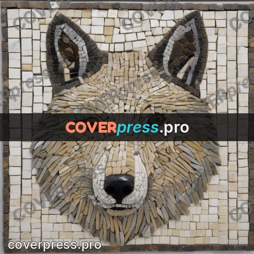 Mosaic mural: wolf head facing the viewer
