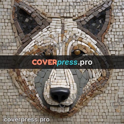 Mosaic mural: wolf head facing the viewer