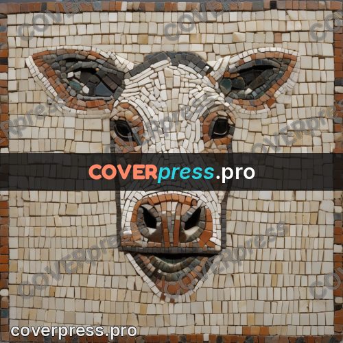 Mosaic mural: cow head facing the viewer