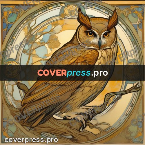 Mucha style poster: eagle owl with yellow eyes