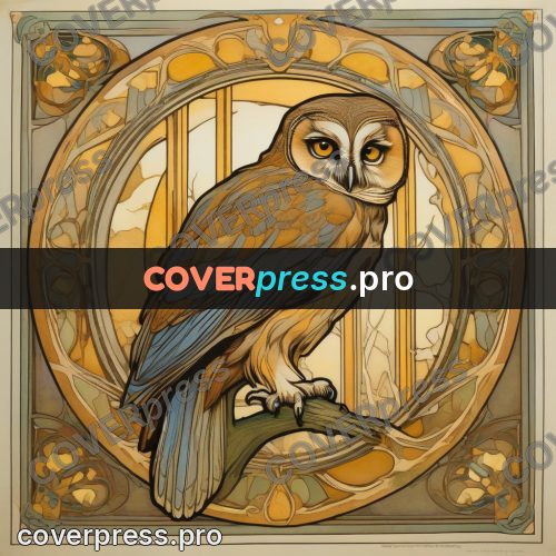 Mucha style poster: eagle owl with yellow eyes