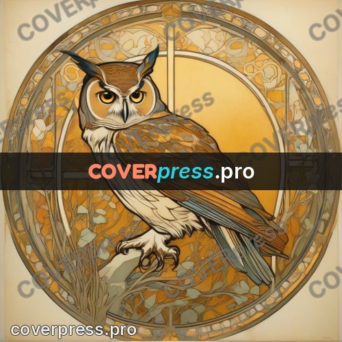 Mucha style poster: eagle owl with yellow eyes