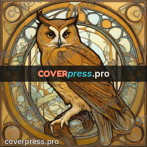 Mucha style poster: eagle owl with yellow eyes