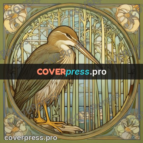 Mucha style poster: heron among reeds