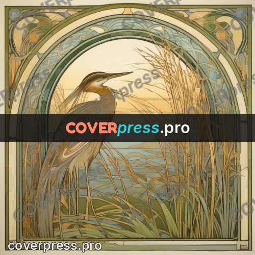 Mucha style poster: heron among reeds