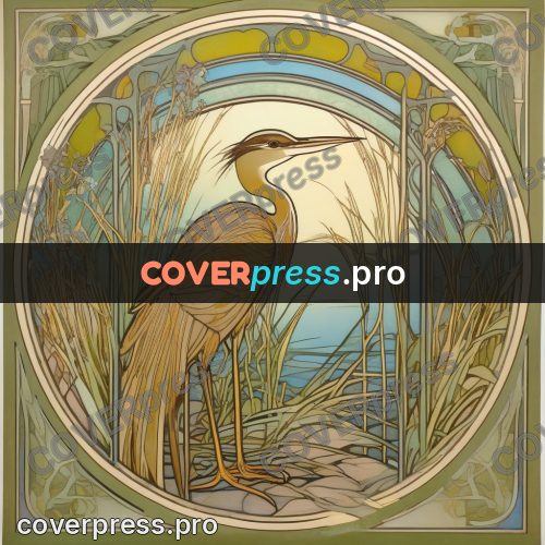 Mucha style poster: heron among reeds