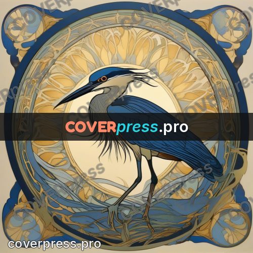 Mucha style poster: heron by water under a moon