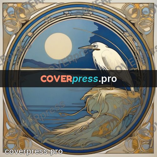 Mucha style poster: heron by water under a moon