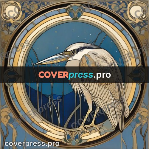 Mucha style poster: heron by water under a moon
