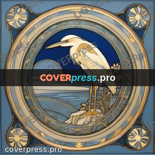 Mucha style poster: heron by water under a moon
