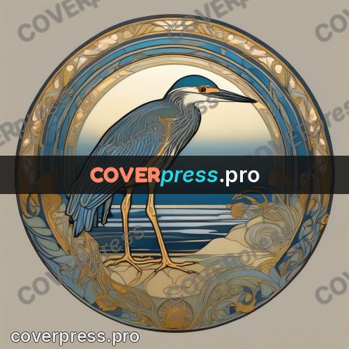 Mucha style poster: heron by water under a moon