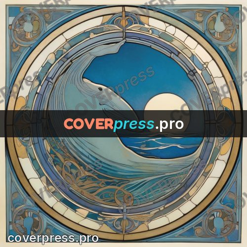 Mucha style poster: whale in a round frame