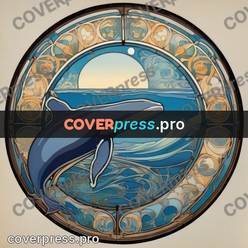 Mucha style poster: whale in a round frame