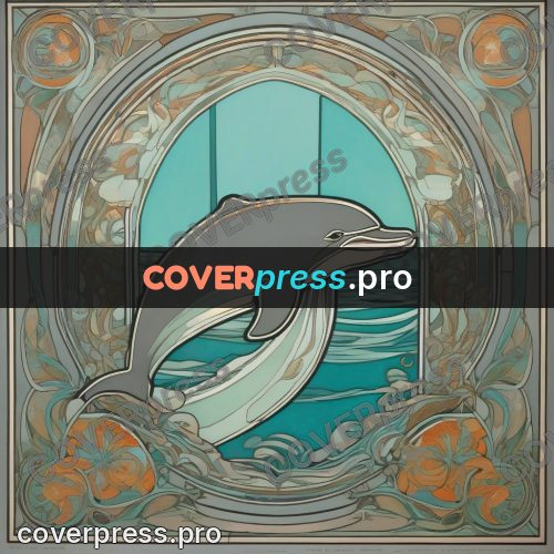 Mucha style poster: dolphin in a round frame