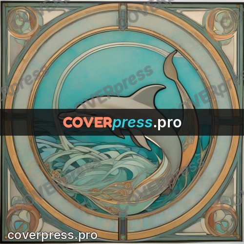 Mucha style poster: dolphin in a round frame