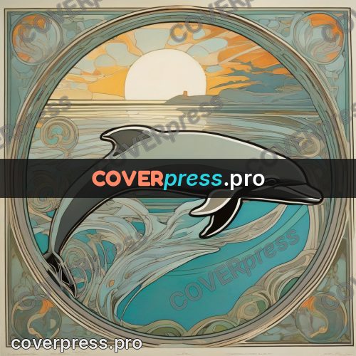 Mucha style poster: dolphin in a round frame