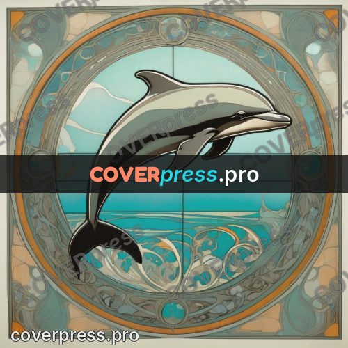 Mucha style poster: dolphin in a round frame