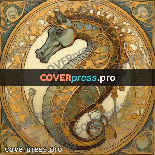 Mucha style poster: seahorse in a circle