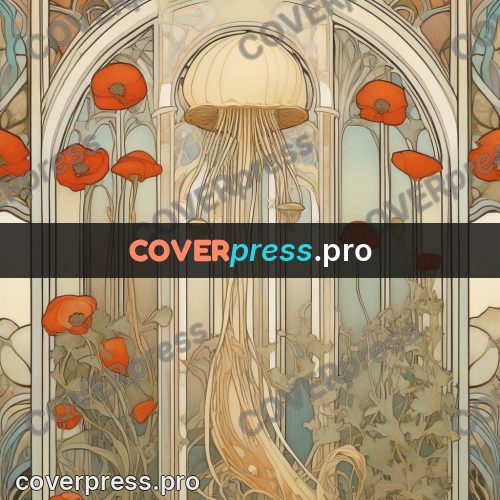 Mucha style poster: jellyfish among poppies