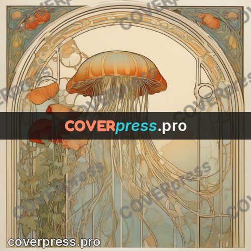 Mucha style poster: jellyfish among poppies