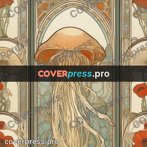 Mucha style poster: jellyfish among poppies