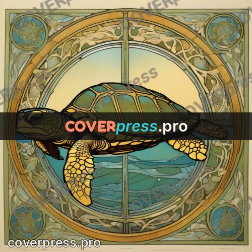 Mucha style poster: turtle in a round frame