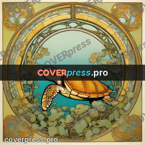 Mucha style poster: turtle in a round frame