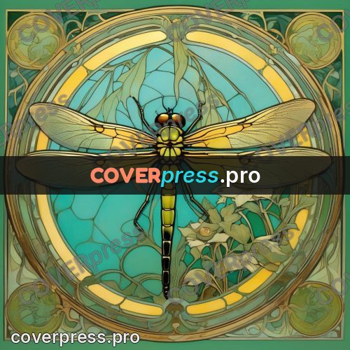 Mucha style poster: dragonfly in a round frame