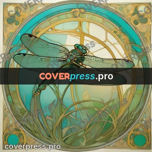 Mucha style poster: dragonfly in a round frame
