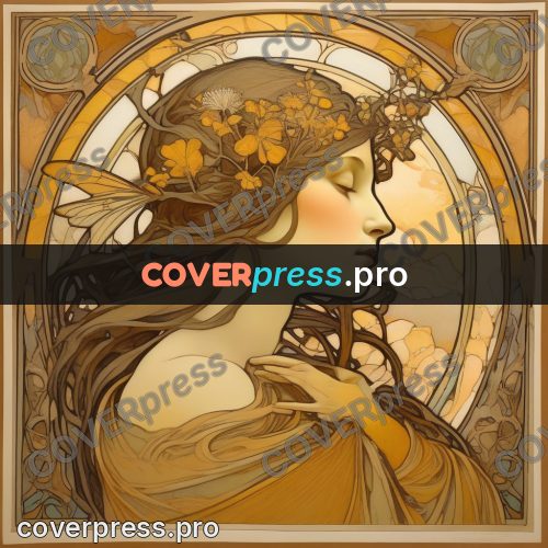 Mucha style poster: woman with golden flowers