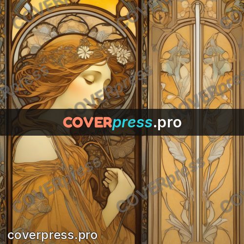 Mucha style poster: woman with golden flowers