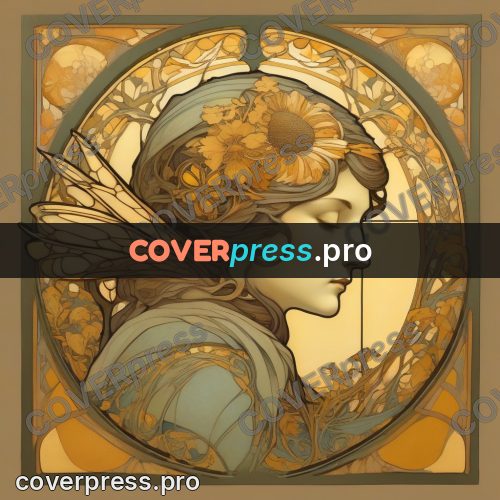 Mucha style poster: woman with golden flowers