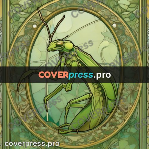 Mucha style poster: mantis in a round frame